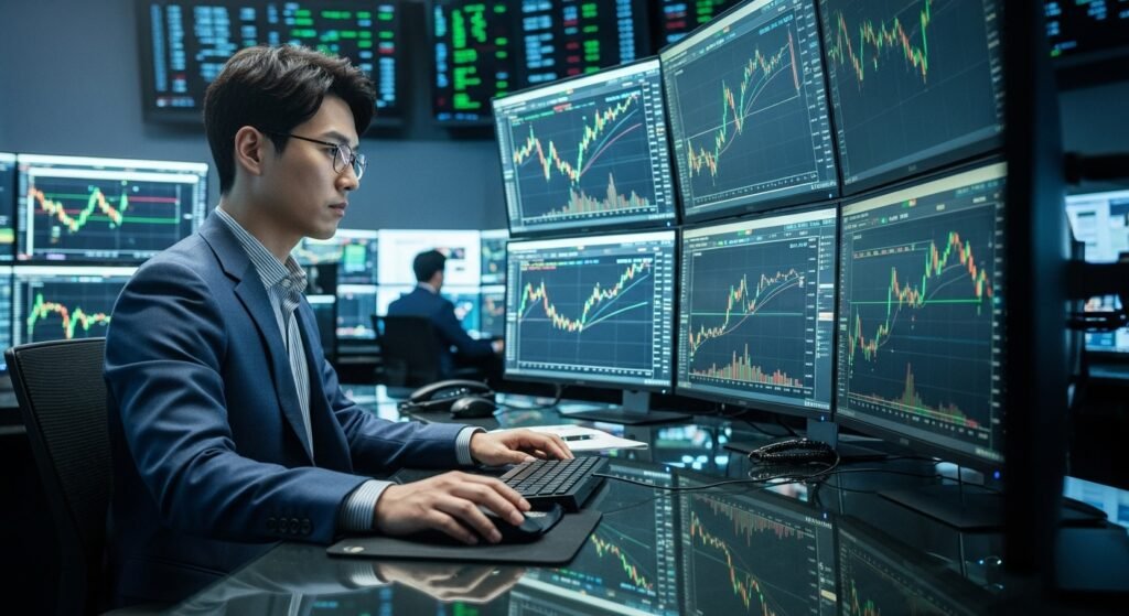 전문적인 게임 데이터 분석가가 MGM홀짝의 실시간 패턴 차트를 분석하는 모습