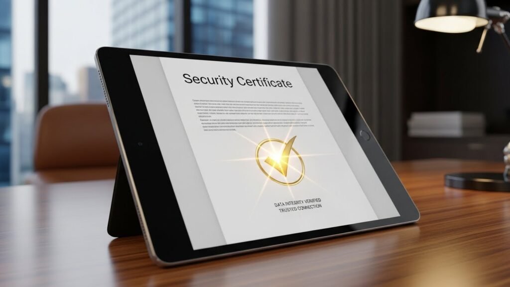 데이터 무결성 검증이 완료된 보안 인증서와 황금빛 체크마크 아이콘