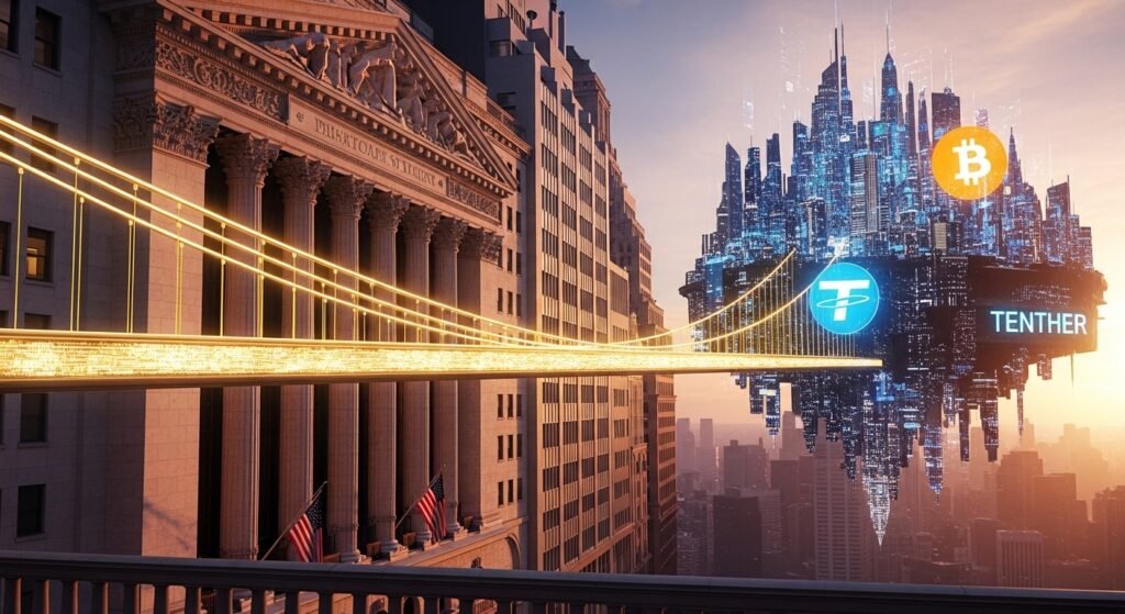 월스트리트와 가상자산 생태계가 디지털 교량으로 연결된 모습