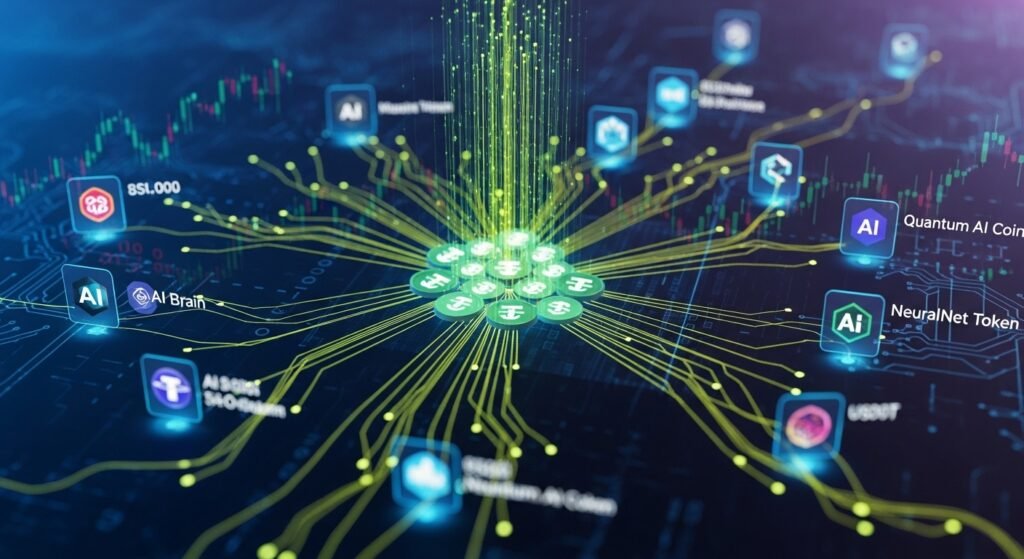 디지털 자산의 흐름과 테더 로고가 얽혀 있는 유동성 분석 차트