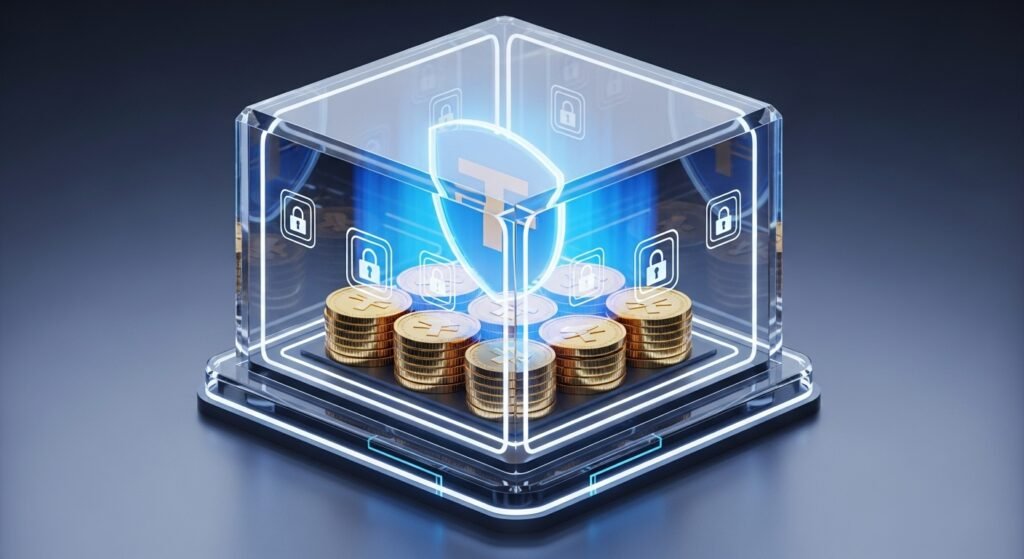 강력한 암호화 기술과 2단계 인증으로 보호되고 있는 안전한 테더 자산 그래픽