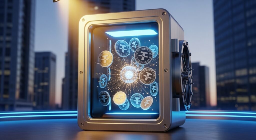 소액 재테크를 위한 테더 코인과 안전한 디지털 보안 금고 그래픽