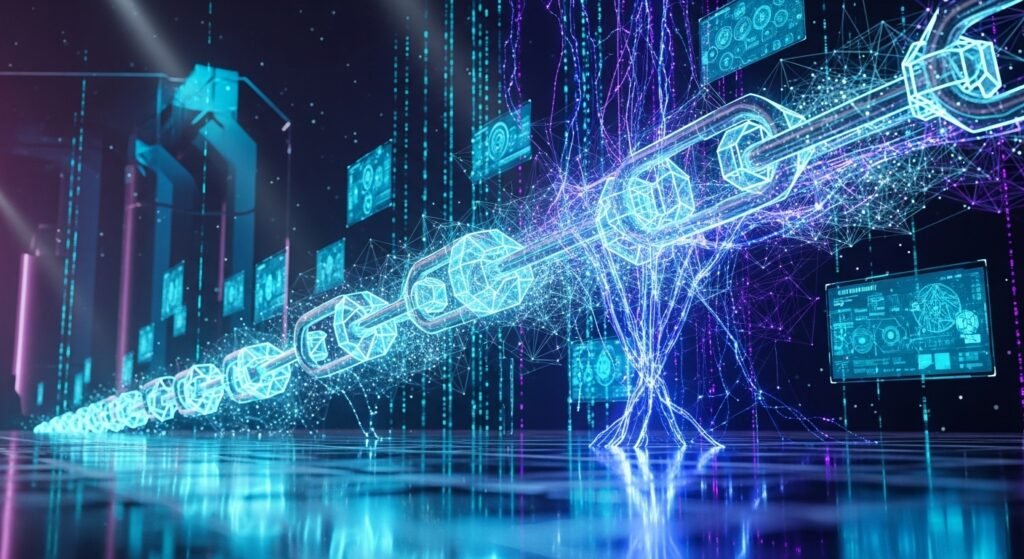 인공지능 신경망 구조와 블록체인 체인이 결합된 푸른 빛의 디지털 인프라 배경