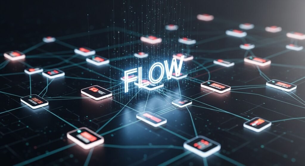  플로우(FLOW) 블록체인 노드 구조와 NFT 생태계 시각화 이미지